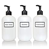 Artanis Home Silkscreened Empty Shower Bottle Set for Shampoo, Conditioner, and Body Wash, Squat 16 oz 3-Pack, White (Black Pumps)