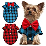 GINDOOR 2 Pack Plaid Puppy Shirt - Cute Boy Dog Clothes and Bow Tie Combo Dog Outfit for Small Dogs Cats Birthday Party and Holiday Photos Small