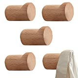 Wood Wall Hooks 5 PCS, Aulest Wooden Pegs Hooks Natural Handmade Home Decor Coat Hanger Wall Mounted for Hanging Robe Bag Purse Towel (Beech Wood)