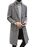 Uaneo Men's Casual Notch Lapel Single Breasted Plaid Mid Long Trench Pea Coat (Gray, Large)