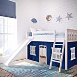 Max & Lily Twin Low Loft Bed with Slide and Blue Curtains, White