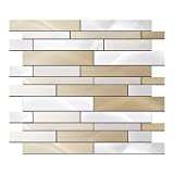 Ehomgar Backsplash Peel and Stick Tiles, Metal Surface Backsplash Tiles for Kitchen Wall, Self-Adhesive Heat Resistant Wall Decor Tiles, Real Texture (10 Pack), Gold