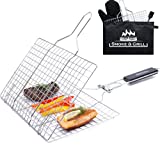 Grill Basket Stainless Steel Folding with Brush and Heat-Resistant Glove [Gifts] - Portable Outdoor Camping BBQ Accessories Rack for Grilling Fish, Chicken, Meat, Steak, Vegetables, Kabobs, Seafood