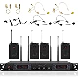 Phenyx Pro Wireless Microphone System, Quad Channel Wireless Mic Set w/ 4 Bodypacks and Headsets/Lapel Mics, 4x40 Channels, Auto Scan,328ft Coverage, Cordless Mic for Singing, DJ, Church(PTU-7000B)