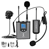 Microphone System Headset Mic/Stand Mic/Lavalier Lapel Mic with Rechargeable Bodypack Transmitter & Receiver 1/4" Output for iPhone, PA Speaker, DSLR Camera, Recording, Teaching
