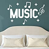 Vinyl Wall Art Decal - "Music" and Musical Notations - 23" x 38" Decoration Vinyl Sticker - Unisex Musician Wall Art Decal - Music Notations Decal - Stencil Adhesive (23" x 38", White)