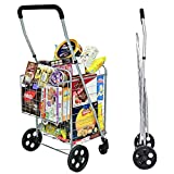 Siffler Shopping Cart with 360° Rolling Swivel Wheels for Groceries Utility Shopping Cart with Double Basket Folding Portable Cart Saves Space with Adjustable Handle Height for Grocery Laundry Luggage