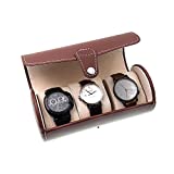 GSM MGS AWP-3 Travel Watch Organizer Watches Case Leatherette Roll Watch Storage Pouch Jewelry Box 3-Slots (Brown)