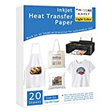 PRINTERS JACK Iron-On Heat Transfer Paper for White and Light Fabric, 20 Pack 8.3x11.7 inch T-Shirt Transfer Paper for Any Inkjet Printer, Long Lasting Printing Transfer Paper for Heat Press