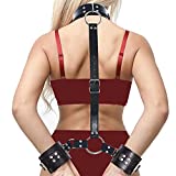 Leather harness Women Back Handcuffs Harness Neck Strap Belt Leather Wrist Handcuffs Chain Comfortable Bracelet Role Play Exercise Bands Leash Bangle for women Yoga Gyms Cosplay