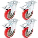 Online Best Service Caster Wheels Swivel Plate w/ Brake Casters On Red Polyurethane Wheels (5 inch with Brake)