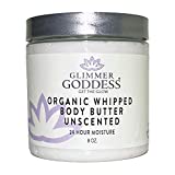 GLIMMER GODDESS Organic Whipped Body Butter - Unscented, Vegan, Cruelty-Free, 24 hour Hydration, Reduces Stretch Marks, Great for Eczema and all Skin Types, Baby Friendly, Organic Ingredients 8 oz