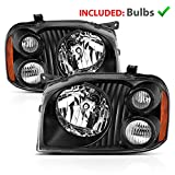 AmeriLite 2001-2004 Replacement Halogen Headlights For Nissan Frontier Pickup Truck D22 Base/SE/SC/XE (Pair) With Hi/Lo Beam Bulb, Vehicle Light Assembly, Black