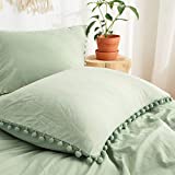 Sage Green Pom Poms Pillowcases, Green Standard Pillow Cases Set of 2, 100% Washed Microfiber, Dark Sea Green Ball Fringe Pillow Cover, 2 Pack (Standard, Sage Green)