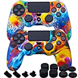 MXRC Silicone Rubber Cover Skin case Anti-Slip Water Transfer Customize Camouflage for PS4/SLIM/PRO Controller x 2(Rainbow Pack) + FPS PRO Extra Height Thumb Grips x 8 + Dustproof Plug x 4