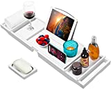 Luxury Bamboo Bathtub Caddy Tray with Book and Wine Holder,Bath Accessories & Bed Tray with Extending Sides,Bathroom Organizer for Men/Women,Free Soap Holder,White