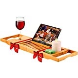 Bamboo Bathtub Tray Caddy - Expandable Wood Bath Tray with Book/Tablet Holder, Wine Glass Slot - Luxury Tub Table Bathtub Accessories - Unique for Women, Men and Loved Ones