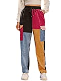 SweatyRocks Women's Casual Drawstring Waist Color Block Corduroy Pants with Pocket Multicoloured M