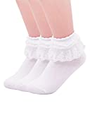 SEMOHOLLI Women Ankle Socks,Pearl Lace Ruffle Frilly Comfortable No-Show Cotton Socks Princess Socks Lace Socks (3 Pairs-white)