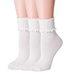 SRYL Women Ankle Socks Ruffle Turn-Cuff ,Lovely double needle solid color edge relent Girl socks（3 Pairs-white）