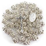 White Zircon Clear Crystals Beads Rosary Necklace Miraculous Medal & Crucifix