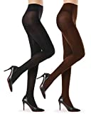 2 Pairs Semi Opaque Tights for Women - 40D Microfiber Control Top Pantyhose, Black & Brown