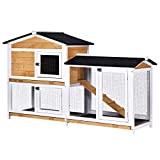 PawHut 2-Story Rabbit Hutch Wooden Bunny Hutch Cage Small Animal House with Ramp, No Leak Tray, Weatherproof Roof and Outdoor Run, Indoor/Outdoor, Yellow