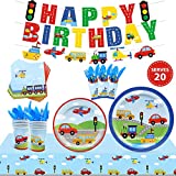 Transportation Birthday Party Supplies Set Serves 20 Guests Transportation Party Tableware Kit Happy Birthday Banner Tablecloth Plates Cups Napkins Cutlery Bags for Kids Construction Car Theme Birthday Party Decorations
