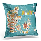 Emvency Sdamas Throw Pillow Cover City Map of Denmark Travel with Danish Landmarks People Food and Animals Copenhagen Decorative Pillow Case Home Decor Square 18" x 18" Pillowcase