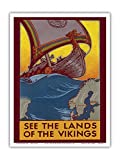 See The Land of The Vikings - Map of Scandinavia - Viking Ship - Vintage Travel Poster by Ben Blessum c.1937 - Master Art Print 9in x 12in