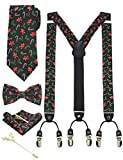 JEMYGINS Mens Festival Silk Black Necktie Christmas Tie and Suspender Tie Clip with Bow Tie and Pocket Square Lapel Pin Sets (Black)