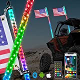 OHMU 2Pcs 4FT LED Whip Lights Bluetooth and Remote Control w/Flag Spiral RGB Chase Light Offroad 360°Spiraling Warning Lighted Antenna LED Dancing Whips