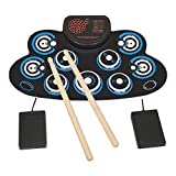 Electronic Drum Set Kids Foldable Practice Drum Pad Rechargeable Drum Kit, Built in Speakers Foot Pedals,Drum Sticks, Birthday Gift for Beginners (Blue)