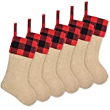 Senneny 6 Pack Burlap Christmas Stockings- 18 Inch Big Christmas Stockings with Buffalo Check Cuff Fireplace Hanging Stockings for Family Christmas Decoration Holiday Season Party Decor