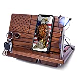 TESLYAR Natural Ash Wood Phone Docking Station National American USA Flag Hooks Key Holder Wallet Stand Watch Organizer Men Gift Husband Anniversary Birthday Nightstand Purse Father Graduation Male