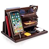 TESLYAR Wood Phone Docking Station Ash Key Holder Wallet Stand Watch Organizer Men Husband Wife Anniversary Dad Birthday Nightstand Purse Father Graduation Male Travel Idea Gadgets