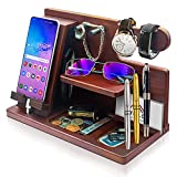 Wood Phone Docking Station - Stylish Mens Women Wooden Phone Docking Station and Organizers - Sturdy Unique Nightstand Bedside Watch Stand Wallet Desk Organizer – Charging Station Gifts for Men Dad