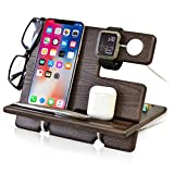 TESLYAR Wood Phone Docking Station Ash Key Holder Wallet Stand Watch Organizer Men Husband Wife Anniversary Dad Birthday Father Graduation Gadgets Compatible with iPhone iWatch AirPods