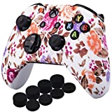 YoRHa Printing Rubber Silicone Cover Skin Case for Xbox One S/X Controller x 1(Flowers) with PRO Thumb Grips x 8