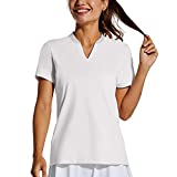 BALEAF Women's Golf Tennis Shirts V-Neck Lightweight Quick Dry UPF 50+ Sun Protection Short Sleeve Polo Shirts Collarless White Size M