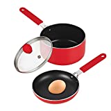 Cook N Home Nonstick 5.5" Mini Size One Egg Fry Pan and Sauce Pan 1-QT with Lid Set, Red