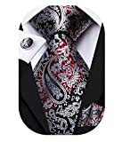 Hi-Tie Black and Red Grey Paisley Ties for Men Formal Silk Necktie and Pocket Square Cufflinks Set for Business