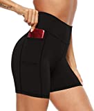 AFITNE Yoga Shorts for Women with Pockets High Waisted Printed Workout Athletic Running Shorts Biker Spandex Gym Fitness Leggings Black - M