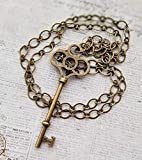 Long Boho Bronze Skeleton Key Necklace on a 30 inch Chunky Antiqued Brass Chain