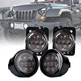 Xprite LED Smoke Lens Turn Signal Lights with Parking Function & Front Fender Side Marker Amber Light Assembly Replacement Combo Compatible with 2007-2018 Jeep Wrangler JK & Wrangler Unlimited