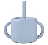 Little Leaf Silicone Baby Cup - 6 OZ Weighted Straw Sippy Cups for Baby - Grippy Handles & Removable Lids to Transition Sippy Cups to Regular Cups for Toddlers 12+ Months - with Cleaning Brush - Blue