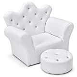 Costzon Kids Sofa, Children Upholstered Sofa with Ottoman, Princess Sofa with Diamond Decoration, Smooth PVC Leather Toddler Chair, Kids Couch for Boys and Girls, Gift for Toddlers (White)