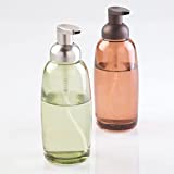 mDesign Modern Glass Refillable Foaming Soap Dispenser Pump Bottle for Bathroom Vanity Countertop, Kitchen Sink - Save on Soap - Vintage-Inspired, Compact Design - 2 Pack - Green/Brushed & Sand/Bronze