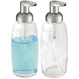 mDesign Modern Glass Refillable Foaming Soap Dispenser Pump Bottle for Bathroom Vanity Countertop, Kitchen Sink - Save on Soap - Vintage-Inspired, Compact Design - 2 Pack - Clear/Brushed