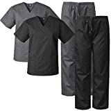 Medgear 2-Pack Scrubs for Men and Women Scrubs Set Medical Uniform Scrubs Top and Pants Black/Charcoal